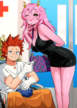 1boy 1girl :p ;p absurdres ashido_mina bag bandaged_hand bandages black_eyes black_sclera black_shirt black_skirt boku_no_hero_academia breasts cleavage colored_sclera colored_skin commentary elpipe_3000 english_commentary highres holding holding_pregnancy_test horns kirishima_eijiro large_breasts long_hair looking_at_viewer miniskirt one_eye_closed pink_hair pink_skin pregnancy_test red_hair sharp_teeth shirt shoulder_bag sitting skirt spiked_hair tearing_up teeth tongue tongue_out wheelchair white_shirt yellow_eyes yellow_horns