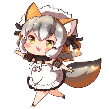 1girl animal_ears brown_hair chibi coroha dress extra_ears fox_ears fox_girl fox_tail full_body gloves grey_hair hat island_fox_(kemono_friends) kemono_friends kemono_friends_v_project long_hair looking_at_viewer ribbon shoes simple_background solo sundress tail virtual_youtuber yellow_eyes