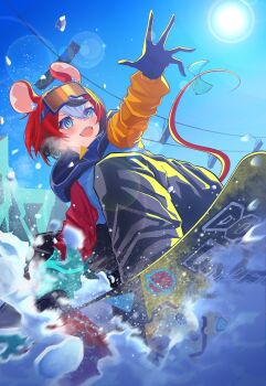 1girl absurdres animal_ears black_gloves blue_eyes bow chaoite0079 commentary gloves goggles goggles_on_head hakos_baelz highres hololive hololive_english mouse_ears mouse_tail multicolored_hair red_hair sharp_teeth ski_goggles snow snowboard snowboarding streaked_hair tail tail_bow tail_ornament teeth virtual_youtuber winter_clothes