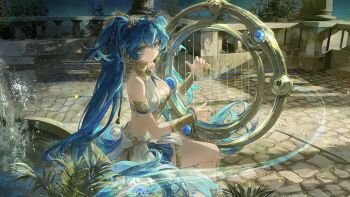 1girl armlet blue_eyes blue_hair breasts cleavage ergouzi_echo from_side gold_bra highres instrument iuno_(wuthering_waves) jewelry laurel_crown long_hair looking_at_viewer looking_to_the_side medium_breasts multicolored_hair outdoors sitting solo streaked_hair thighlet thighs turning_head twintails vambraces wuthering_waves