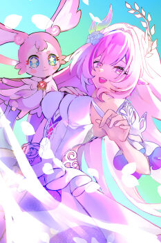 1girl absurdres bare_shoulders blue_eyes blue_sky breasts commentary cyrene_(honkai:_star_rail) cyrene_(ripples_of_past_reverie)_(honkai:_star_rail) diamond-shaped_pupils diamond_(shape) dress flower hair_flower hair_ornament highres honkai:_star_rail honkai_(series) large_breasts long_hair looking_at_viewer mem_(honkai:_star_rail) open_mouth pink_hair pointy_ears purple_eyes sato_ngng sky smile star-shaped_pupils star_(symbol) symbol-shaped_pupils very_long_hair white_dress