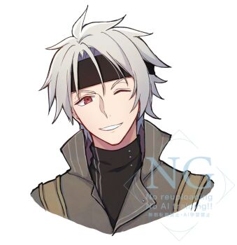 aono_(aonocrotowa) black_headband crow_armbrust curtained_hair eiyuu_densetsu english_text headband high_collar mullet one_eye_closed parted_bangs portrait red_eyes sen_no_kiseki sen_no_kiseki_(series) sen_no_kiseki_ii short_hair simple_background watermark white_background white_hair