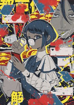 1boy 2girls adjusting_eyewear blood blood_splatter blue_hair closed_mouth collared_shirt copyright_name drop_shadow frilled_shirt frilled_sleeves frills fukurai_azami hair_between_eyes hand_on_eyewear hands_up hashtag-only_commentary highres holding holding_phone jasmine_(toshi_densetsu_kaitai_center) limited_palette long_sleeves looking_at_viewer magatan meguriya_ayumu multiple_girls outline phone shirt short_hair smile toshi_densetsu_kaitai_center upper_body white_outline