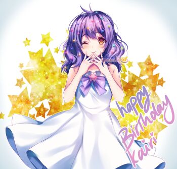 Rule 34 | 1girl, ;), antenna hair, artist name, bare arms, bare shoulders, blush, bow, bowtie, breasts, brooch, closed mouth, collarbone, commentary, cowboy shot, double-parted bangs, dress, dress bow, english commentary, eyebrows hidden by hair, frilled dress, frills, gift art, hair between eyes, hair ornament, hair over shoulder, hands up, happy birthday, heart, highres, jewelry, looking at viewer, medium dress, medium hair, one eye closed, orange eyes, original, outline, purple bow, purple bowtie, purple hair, sasucchi95, simple background, small breasts, smile, solo, standing, star (symbol), star brooch, star hair ornament, star symbol background, straight-on, strapless, strapless dress, vignetting, white background, white dress, yellow outline