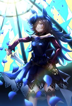1girl animal_ears bare_shoulders black_thighhighs blue_dress blue_flower blue_hat blue_rose breasts brown_hair commentary_request dagger dress flipped_hair flower fur_choker hair_over_one_eye hat hat_flower highres holding holding_dagger holding_knife holding_weapon horse_ears horse_girl knife long_hair long_sleeves off-shoulder_dress off_shoulder parted_lips petals purple_eyes rice_shower_(rosy_dreams)_(umamusume) rice_shower_(umamusume) rose small_breasts solo thighhighs tilted_headwear umamusume weapon yangyue_mao