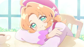 1girl absurdres ahoge akechi_anna blush chair closed_mouth coffee coffee_mug commentary_request cup dot_nose green_eyes hair_intakes highres long_hair long_sleeves looking_at_viewer meitantei_precure! mug orange_hair parted_bangs pink_shirt precure shirt sitting smile solo table thick_eyebrows tyomimas upper_body window