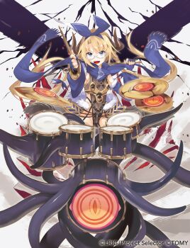 Rule 34 | 1girl, blonde hair, blue bow, blue eyes, blue gloves, blue hairband, blue scarf, bow, bow hairband, brown horns, brown leotard, copyright notice, covered navel, detached sleeves, drum, drum set, drumsticks, fingerless gloves, glasses, gloves, hair bow, hairband, highres, holding, holding drumsticks, horns, instrument, leotard, long hair, official art, open mouth, scarf, solo, teeth, tentacles, tokiti, twintails, umr (wixoss), upper teeth only, wixoss