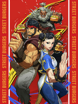 Rule 34 | 1girl, 2boys, akuma (street fighter), artist request, beard, black hair, blue dress, blue pants, burger, capcom, china dress, chinese clothes, chun-li, commentary, company name, copyright name, double bun, dress, earrings, facial hair, fighting stance, food, hair bun, highres, holding, holding burger, holding food, jewelry, looking at viewer, mcdonald's, multiple boys, muscular, muscular male, official art, pants, ryu (street fighter), short hair, smile, street fighter, street fighter 6, two-tone dress, white dress, white hair, white pants