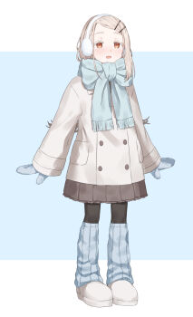 1girl :o black_pantyhose blonde_hair blush bow buttons coat colored_eyelashes commentary_request dark_skin double-breasted earmuffs full_body gakuen_idolmaster green_scarf grey_mittens grey_socks highres idolmaster kirima_(zs_at_) long_hair long_sleeves looking_ahead loose_socks mittens orange_eyes pantyhose pleated_skirt scarf scarf_bow shinosawa_hiro shoes skirt smile socks solo white_coat white_shoes