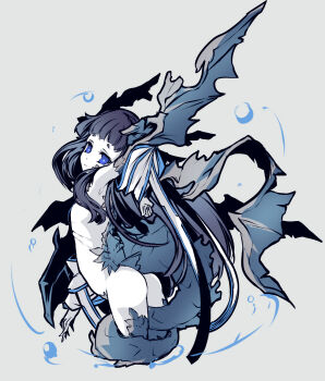 1girl air_bubble arm_up ass between_legs black_hair black_scales blue_eyes blunt_bangs bubble commentary_request cropped_torso detached_sleeves dragon_girl dragon_horns dragon_tail dragon_wings eastern_dragon_horns eastern_dragon_tail flat_chest grey_background highres hisui_(syarute) horns loli long_hair long_sidelocks looking_at_viewer looking_back monster_girl nude original scales sidelocks simple_background solo stretching tail tail_between_legs wings
