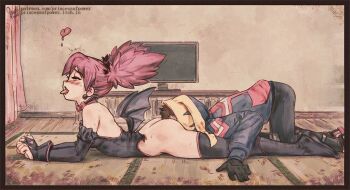 1boy 1girl 2025 ahegao artist_name ass black_gloves blush boku_no_hero_academia boots clothed_sex face_in_ass fake_wings gloves haimawari_kouichi haneyama_kazuho heart hetero highleg highleg_leotard implied_anilingus implied_cunnilingus indoors leotard leotard_pull licking lying moaning motion_lines on_stomach oral petite pink_hair princessofpower prone tatami television thigh_boots twintails vigilante_-boku_no_hero_academia:_illegals- wings wooden_floor