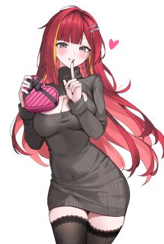 Rule 34 | 1girl, absurdres, akane lize, alternate costume, black nails, black thighhighs, blush, box, breasts, cleavage, cleavage cutout, clothing cutout, colored inner hair, commentary request, covered navel, cross, cross earrings, dress, earrings, elppi, finger to mouth, fingernails, grey dress, grey eyes, grey sweater, grin, hair ornament, hairclip, hands up, heart, heart-shaped box, highres, holding, holding box, index finger raised, jewelry, korean commentary, lace, lace-trimmed thighhighs, lace trim, large breasts, long hair, long sleeves, looking at viewer, mole, mole under eye, multicolored hair, nail polish, parted bangs, red hair, ribbed sweater, short dress, shushing, simple background, single earring, smile, solo, stellive, streaked hair, sweater, sweater dress, thighhighs, valentine, virtual youtuber, white background, zettai ryouiki