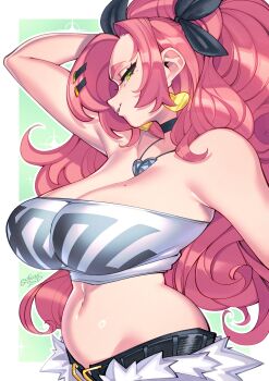 1girl absurdres bare_arms bare_shoulders black_ribbon breasts cleavage closed_mouth crop_top curvy earrings gofa gold_earrings green_eyes hair_ornament hair_ribbon hairclip heart heart_earrings highres jewelry large_breasts long_hair looking_at_viewer mole mole_on_breast mole_under_eye navel nicole_demara open_mouth pink_hair ribbon smile zenless_zone_zero