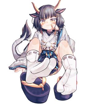 1girl animal_ears black_hair chaosexceed closed_mouth commentary commission dragon_girl dragon_horns dragon_tail english_commentary feet foot_focus highres horns japanese_clothes long_sleeves looking_at_viewer mixed-language_commentary okobo orange_eyes original paid_reward_available platform_sandals sandals short_hair simple_background socks soles solo tabi tail white_background white_socks