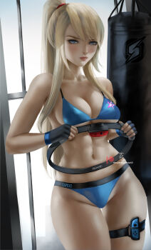 1girl blonde_hair blue_eyes bra breasts gloves gym gym_uniform highres joy-con leg_band metroid nintendo ponytail punching_bag ring_fit_adventure samus_aran sports_bra thick_thighs thighs thong underboob underwear wei_(promise_0820)