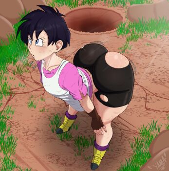 Rule 34 | 1girl, absurdres, bike shorts, black hair, blue eyes, bouncing ass, commentary, dragon ball, dragonball z, english commentary, fingerless gloves, from above, gloves, grass, highres, leaning forward, motion lines, outdoors, parted lips, shirt, short hair, shorts, soil, solo, sound effects, sweat, torn clothes, torn shorts, videl, yamathegod