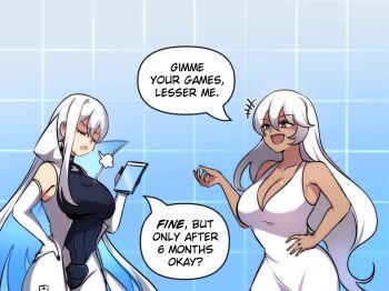 2girls :d breasts breath closed_eyes collarbone colored_inner_hair dress elbow_gloves english_text gloves grey_eyes hand_on_own_hip highres large_breasts long_hair merryweather multicolored_hair multiple_girls open_mouth original pc_(personification) ps5_chan ryuuxin sleeveless sleeveless_dress smile sony speech_bubble standing tan white_dress white_hair