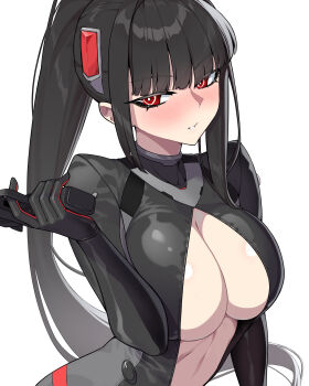 1girl absurdres black_bodysuit black_hair blue_archive blush bodysuit breasts center_opening cleavage commentary_request gun hair_ornament high_ponytail highres hyperbudd large_breasts long_hair looking_at_viewer official_alternate_costume ponytail red_eyes rio_(armed)_(blue_archive) rio_(blue_archive) sidelocks solo weapon