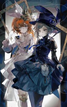 Rule 34 | 2girls, absurdres, black hat, blue dress, blue pantyhose, blue ribbon, boots, buttons, cape, chinese commentary, clock, commentary request, cowboy shot, dress, empty picture frame, frilled shirt collar, frills, gloves, grey eyes, grey hair, hair ornament, hand up, hat, hat ornament, high collar, highres, holding, holding quill, lingdian mengyou, long braid, long hair, long sleeves, looking at viewer, multiple girls, neck ribbon, official alternate costume, orange hair, pantyhose, picture frame, quill, reverse:1999, ribbon, short hair, sonetto (reverse:1999), sonetto (the steadfast heart) (reverse:1999), sparkle, vertin (reverse:1999), vertin (the long-eared watchmaker) (reverse:1999), white boots, white dress, white gloves, wing hair ornament