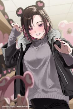 2girls animal_ear_hairband animal_ears black_hair black_jacket black_nails blush chigusa_minori colored_inner_hair commentary_request fake_animal_ears grey_sweater hairband highres jacket jewelry long_sleeves medium_hair multicolored_hair multiple_girls nail_polish necklace open_clothes open_jacket open_mouth pink_hair purple_eyes purple_nails saotome_shino_(shino_to_ren) shino_to_ren shirayuki_ren solo_focus sweatdrop sweater