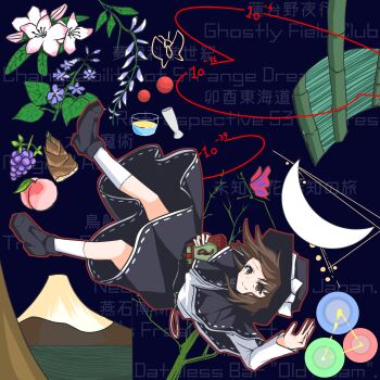1girl absurdres bamboo bamboo_shoot black_capelet black_hat black_shoes black_skirt blue_background bow brown_eyes brown_hair bug butterfly capelet check_commentary closed_mouth commentary_request crescent english_text falling flower flower_request food fruit galm_x_lmr_(ryonasa) grapes hat hat_bow highres holding insect leaf long_sleeves looking_at_viewer medium_hair mixed-language_text mount_fuji peach plant ribbon-trimmed_capelet ribbon-trimmed_skirt ribbon_trim shirt shoes skirt smile socks solo touhou usami_renko white_shirt white_socks