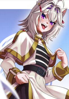 1girl absurdres ahoge animal_ears belt black_belt blush capelet cat_ears cat_girl commentary cosplay english_commentary eyelashes filian_(vtuber) frieren frieren_(cosplay) hair_intakes hair_ornament hairclip highres indie_virtual_youtuber jacket long_sleeves open_clothes open_jacket open_mouth purple_eyes rodc_art shirt skirt smile solo sousou_no_frieren striped_clothes striped_shirt teeth tongue tongue_out upper_teeth_only virtual_youtuber white_capelet white_jacket white_skirt