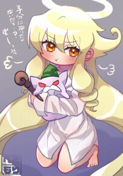 1girl angel angelia_avallone arcana_heart arcana_heart_2 barefoot becomori blonde_hair blush closed_mouth commentary_request drill_hair drill_sidelocks feet full_body gradient_background grey_background halo holding holding_stuffed_toy kneeling long_hair long_sleeves malin_(arcana_heart) naked_shirt orange_eyes pout puff_of_air purple_background shirt sidelocks stuffed_animal stuffed_toy traditional_halo translation_request twitter_username very_long_hair watermark white_shirt