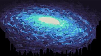 Rule 34 | blue theme, city, dark, galaxy, highres, night, night sky, no humans, original, pixel art, scenery, silhouette, sky, skyline, space, victorards