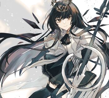 1girl arknights ascot black_ascot black_garter_straps black_gloves black_hair black_halo black_skirt black_thighhighs black_wings cello commentary_request crystal_wings detached_wings elf fumi_(rdbm) garter_straps gloves halo highres holding holding_instrument instrument long_hair looking_at_viewer partial_commentary pleated_skirt pointy_ears shirt skirt smile solo thighhighs very_long_hair virtuosa_(arknights) white_shirt wings