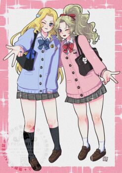 2girls alternate_costume bag black_bag black_socks blue_bow blue_bowtie blue_car blue_eyes blue_nails border bow bowtie breasts brown_shoes car cardigan celes_chere dissidia_duellum_final_fantasy dissidia_final_fantasy final_fantasy final_fantasy_vi full_body grey_skirt hair_bow hair_ornament highres loafers medium_breasts moogle motor_vehicle multiple_girls nail_polish official_alternate_costume one_eye_closed open_mouth outstretched_hand parted_bangs parted_lips pink_border pink_cardigan pink_nails plaid_clothes plaid_skirt ponytail purple_eyes red_bow red_bowtie school_uniform shikiwo shoes shoulder_bag sidelocks skirt smile socks sparkle tina_branford wavy_hair white_background white_socks