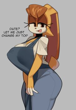 1girl animal_ears animal_nose apron black_choker blue_apron blue_pants body_fur breasts brown_eyes brown_fur brown_hair choker cleavage commentary covered_erect_nipples cowboy_shot curvy denim english_commentary english_text eyelashes fiinel framed_breasts furry furry_female grey_background grey_pants half-closed_eyes happy highres huge_breasts jeans large_breasts looking_at_viewer makeup mature_female off-shoulder_shirt off_shoulder open_mouth orange_fur orange_hair own_hands_together pants rabbit rabbit_ears rabbit_girl rabbit_tail shiny_skin shirt short_hair short_sleeves simple_background smile solo sonic_(series) standing tail talking thick_thighs thighs tongue tongue_out two-tone_fur v_arms vanilla_the_rabbit white_fur white_shirt wide_hips yellow_eyes