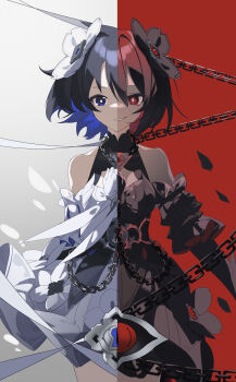 2girls absurdres bare_shoulders black_dress black_hair blood bloody_tears blue_eyes blue_hair breasts chain chinese_commentary commentary detached_sleeves dress dual_persona flower gloves hair_flower hair_ornament highres honkai_(series) honkai_impact_3rd medium_breasts multicolored_hair multiple_girls qtian red_eyes seele_(alter_ego) seele_vollerei seele_vollerei_(stygian_nymph) short_hair smirk split_image two-tone_hair white_dress white_gloves