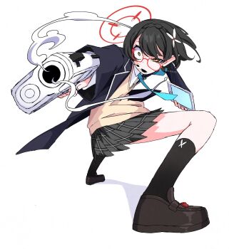 Rule 34 | 1girl, artist name, ayane (blue archive), black hair, black socks, blue archive, brown shoes, commentary, constricted pupils, dr yamero, foreshortening, full body, glasses, grey skirt, gun, hair ornament, halo, handgun, highres, holding, holding tablet pc, holding weapon, plaid clothes, plaid skirt, pleated skirt, pointy ears, red-framed eyewear, red halo, shoes, short hair, simple background, skirt, socks, solo, squatting, tablet pc, twitter username, watermark, weapon, white background, wide-eyed, yellow eyes