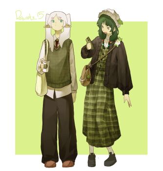 Rule 34 | bag, baggy pants, black pants, black sweater, brown shoes, cellphone, cup, drinking glass, elf, frieren, green eyes, green hair, green skirt, green vest, hair ornament, handbag, hat, hat ornament, highres, holding, holding cup, kusuriya no hitorigoto, low twintails, maomao (kusuriya no hitorigoto), medium hair, mob cap, necktie, open mouth, pale skin, pants, phone, plaid clothes, plaid skirt, plaid vest, platform shoes, pointy ears, raised eyebrows, robarts 15(rob.arts 15), shirt, shoes, signature, simple background, skirt, smartphone, socks, sousou no frieren, sweater, turtleneck, twintails, vest, white hair, white shirt, white socks