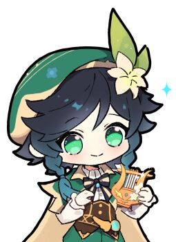 Rule 34 | 1boy, androgynous, baggy shorts, beret, black bow, black bowtie, black hair, bow, bowtie, braid, brown corset, buttons, cape, capelet, cherilynorz, chibi, chinese commentary, closed mouth, collared capelet, collared shirt, commentary request, corset, cowboy shot, dress shirt, eyelashes, floral print, flower, frilled sleeves, frills, genshin impact, gold buttons, gradient hair, green capelet, green eyes, green hat, green shorts, hair flower, hair ornament, hair tie, happy, hat, holding, holding instrument, holding lyre, instrument, leaf hair ornament, light blush, lily (flower), long sleeves, looking ahead, lyre, male focus, medium hair, multicolored hair, print headwear, puffy long sleeves, puffy sleeves, shirt, shorts, simple background, single stripe, smile, solo, sparkle, standing, striped bow, striped bowtie, striped clothes, tareme, twin braids, venti (genshin impact), vision (genshin impact), white background, white cape, white flower, white shirt