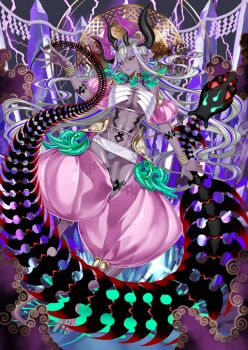 1girl arm_tattoo bare_shoulders black_horns black_sclera bone bra bracelet breasts choker cleavage colored_eyelashes colored_sclera colored_skin crossed_bangs crotchless crotchless_pants curvy detached_sleeves earrings fate/grand_order fate_(series) fingernails floating floating_hair full_body game_cg green_nails grey_hair hair_between_eyes hand_up honjou_raita horns huge_weapon ibuki_douji_(avatar_of_the_great_serpent_god)_(fate) ibuki_douji_(fate) impossible_clothes jewelry large_breasts leg_tattoo linea_alba long_fingernails long_hair long_pointy_ears long_toenails looking_at_viewer magatama monster multicolored_hair multiple_bracelets multiple_horns narrow_waist navel official_art outstretched_hand panties pants parted_lips pink_sleeves pointy_ears puffy_detached_sleeves puffy_pants puffy_short_sleeves puffy_sleeves purple_hair purple_skin rope see-through_clothes see-through_pants shide short_sleeves skeleton_snake solo stomach_tattoo strapless strapless_bra streaked_hair sword tail tattoo third-party_source toenails toes two-tone_hair underwear variant_set very_long_hair weapon white_bra white_panties