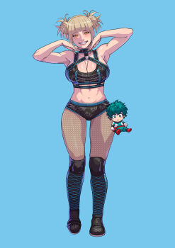 1girl absurdres alexa_bliss alexa_bliss_(cosplay) armpits bare_shoulders blonde_hair blue_background blunt_bangs boku_no_hero_academia boots breasts character_doll choker cirenk cleavage commentary_request commission cosplay doll double_bun fishnet_pantyhose fishnets full_body hair_bun highres lace-up_boots large_breasts looking_at_viewer midoriya_izuku midriff mixed-language_commentary muscular muscular_female navel pantyhose parted_lips revision shorts simple_background sleeveless smile solo standing teeth toga_himiko wrestling_outfit wwe yellow_eyes