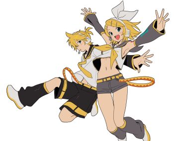 1boy 1girl arms_up belt belt_buckle betti_(xx_betti) black_leg_warmers black_sailor_collar black_shorts black_sleeves blue_eyes buckle detached_sleeves flat_color highres jumping kagamine_len kagamine_rin leg_warmers looking_at_viewer midriff navel open_mouth sailor_collar shirt shoes short_hair shorts smile teeth tongue upper_teeth_only vocaloid white_shirt white_shoes yellow_belt