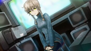 amane_suzuha between_legs bike_shorts blue_jacket braid breasts brown_hair crt dutch_angle expressionless game_cg hair_between_eyes hair_tie hand_between_legs hands_on_own_thighs high_collar highres huke indoors jacket long_sleeves looking_at_viewer medium_breasts monitor multiple_monitors non-web_source official_art pink_lips ringed_eyes science_adventure screen_light shiny_lips sitting solo square_pupils steins;gate track_jacket twin_braids twintails yellow_eyes zipper zipper_pull_tab