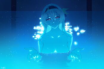 Rule 34 | 1girl, black hairband, black ribbon, breasts, closed mouth, collarbone, firefly (honkai: star rail), gradient eyes, grey hair, hair between eyes, hair intakes, hair ornament, hair ribbon, hairband, hashtag-only commentary, highres, honkai: star rail, honkai (series), i'll teach you everything (chainsaw man), in water, large breasts, long hair, multicolored eyes, nude, reflection, reflective liquid, ribbon, rinsmeray, smile, solo, wet