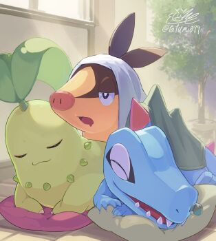 Rule 34 | blue skin, brown fur, chikorita, closed eyes, colored skin, drooling, gen 2 pokemon, gen 5 pokemon, green skin, highres, indoors, mouth drool, nintendo, no humans, open clothes, open mouth, plant, pokemon, pokemon (creature), pokemon legends: z-a, potted plant, signature, sleeping, starter pokemon trio, tatsumi (panneko), tepig, totodile, two-tone fur