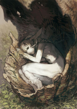 1boy animal_ears black_eyes body_fur commentary_request full_body highres horns looking_at_viewer lying male_focus monster_boy nagabe on_side original outdoors sheep_boy sheep_ears sheep_horns solo tree_hollow white_fur white_hair