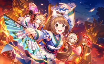 3girls animal_ears artist_request blonde_hair blush brown_hair cloud curren_chan_(cutie_pie_with_shining_eyes)_(umamusume) curren_chan_(umamusume) dancing detached_sleeves embers game_cg gold_city_(autumn_cosmos)_(umamusume) gold_city_(umamusume) grey_hair headband highres horse_ears horse_girl horse_tail japanese_clothes kimono looking_at_viewer medium_hair multiple_girls night official_alternate_costume official_art short_hair sky star_(sky) starry_sky statue tail twilight umamusume yukata yukino_bijin_(dancing_light_into_the_night)_(umamusume) yukino_bijin_(umamusume)