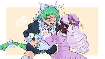 2girls absurdres adjusting_another&#039;s_clothes adjusting_bowtie apron braid braided_ponytail commentary dark-skinned_female dark_skin dress fang gloves green_hair highres jacinthe_(pokemon) kiana_mai lebanne_(pokemon) looking_at_viewer low_drills maid maid_apron maid_headdress master_and_servant multiple_girls nintendo open_mouth pink_dress pokemon pokemon_legends:_z-a shorts symbol-only_commentary very_dark_skin white_gloves