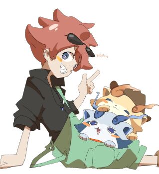 Rule 34 | 1boy, black shirt, blue eyes, blush stickers, brown hair, buck hazeltine, collared shirt, commentary request, eyewear on head, ffr3ydgktl77985, green overalls, grin, highres, k-jiiro, k-komaa, looking at viewer, overalls, shirt, short hair, simple background, sitting, smile, sunglasses, white background, youkai (youkai watch), youkai watch, youkai watch 3