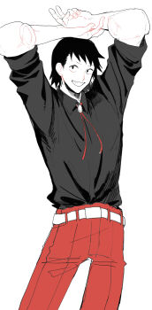 1boy a_nzi_end absurdres arms_up black_hair black_shirt boku_no_hero_academia bolo_tie commentary_request cowboy_shot grin highres looking_at_viewer male_focus pants red_pants sero_hanta shirt short_hair simple_background smile solo standing white_background