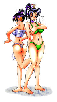 2girls absurdres ass back-to-back barefoot bell black_hair blush braid breasts chest_sarashi cleavage collarbone covering_breasts covering_privates embarrassed flying_sweatdrops full_body fundoshi green_panties hair_bell hair_ornament hair_ribbon half-closed_eyes half_up_braid high_ponytail highres japanese_clothes kousaka_shigure large_breasts long_hair ma_renka matsuena_shun multiple_girls navel official_art open_hands open_mouth panties ponytail purple_eyes purple_hair ribbon sarashi shijou_saikyou_no_deshi_ken'ichi short_hair simple_background speech_bubble standing standing_on_one_leg surprised underwear white_background