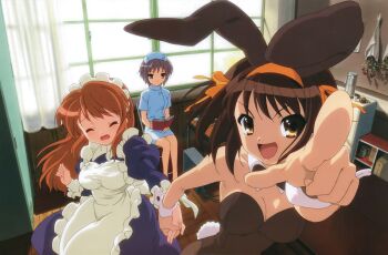 Rule 34 | 3girls, absurdres, animal ears, apron, asahina mikuru, bow, bowtie, breasts, brown hair, cleavage, detached collar, detached sleeves, dress, fake animal ears, hairband, highres, ikeda shouko, legs, looking at viewer, maid, maid apron, multiple girls, nagato yuki, nurse, official art, open mouth, orange hair, playboy bunny, pointing, pointing at viewer, purple dress, purple hair, suzumiya haruhi, suzumiya haruhi no yuuutsu, yellow hairband