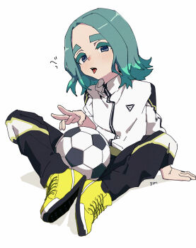 1boy aqua_hair ball black_pants blue_eyes highres inazuma_eleven_(series) inazuma_eleven_victory_road jacket looking_at_viewer male_focus medium_hair multicolored_hair ozi8pm pants sasanami_unmei shoes sitting soccer_ball tongue tongue_out two-tone_hair white_background white_jacket yellow_shoes