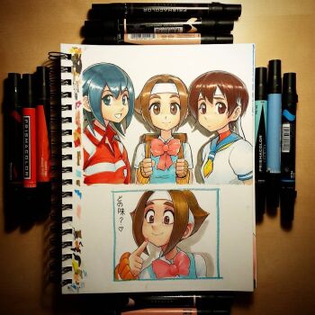 Rule 34 | 3girls, ?, ayuhara natsu, bag, blue hair, fingerless gloves, gloves, happy, headband, heart, justice gakuen, kasugano sakura, marker (medium), multiple girls, omar dogan, open mouth, photo (medium), pink ribbon, ribbon, school bag, school uniform, smile, sportswear, street fighter, taiyou gakuen uniform, traditional media, wakaba hinata